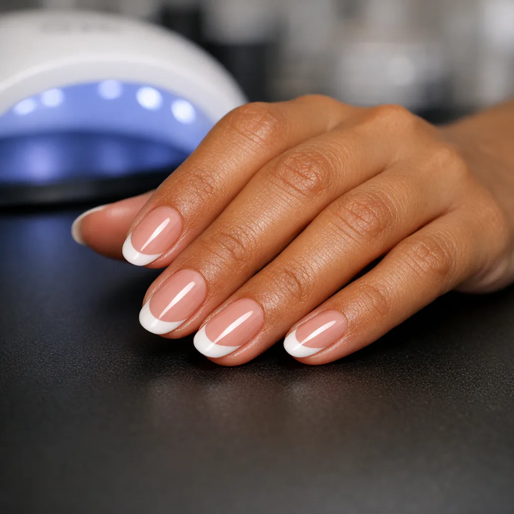 Uñas francesas ovaladas con brillo intenso junto a una lámpara de uñas