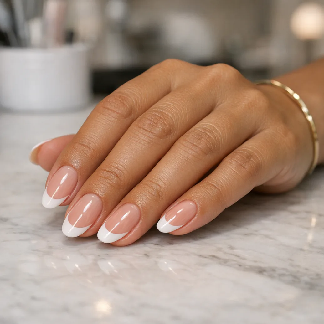 Uñas francesas ovaladas elegantes sobre una mesa de manicura