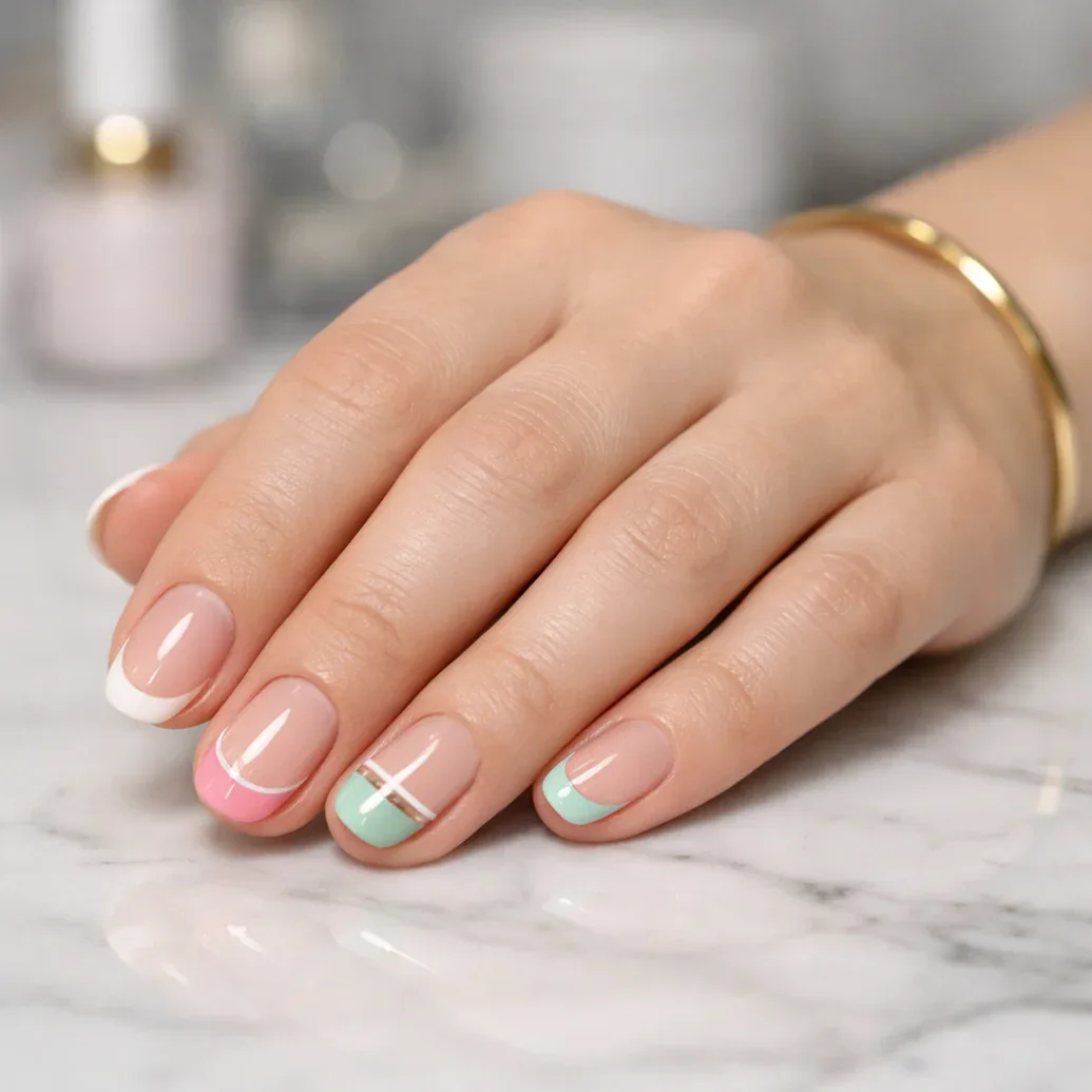 Uñas francesas pastel con líneas blancas, verdes y rosas