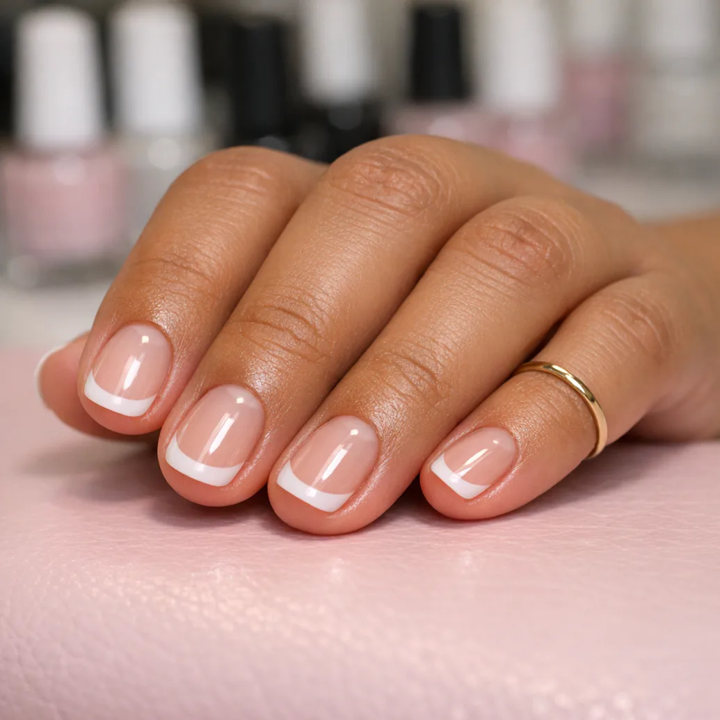 Uñas francesas redondeadas con acabado limpio sobre una mesa rosa