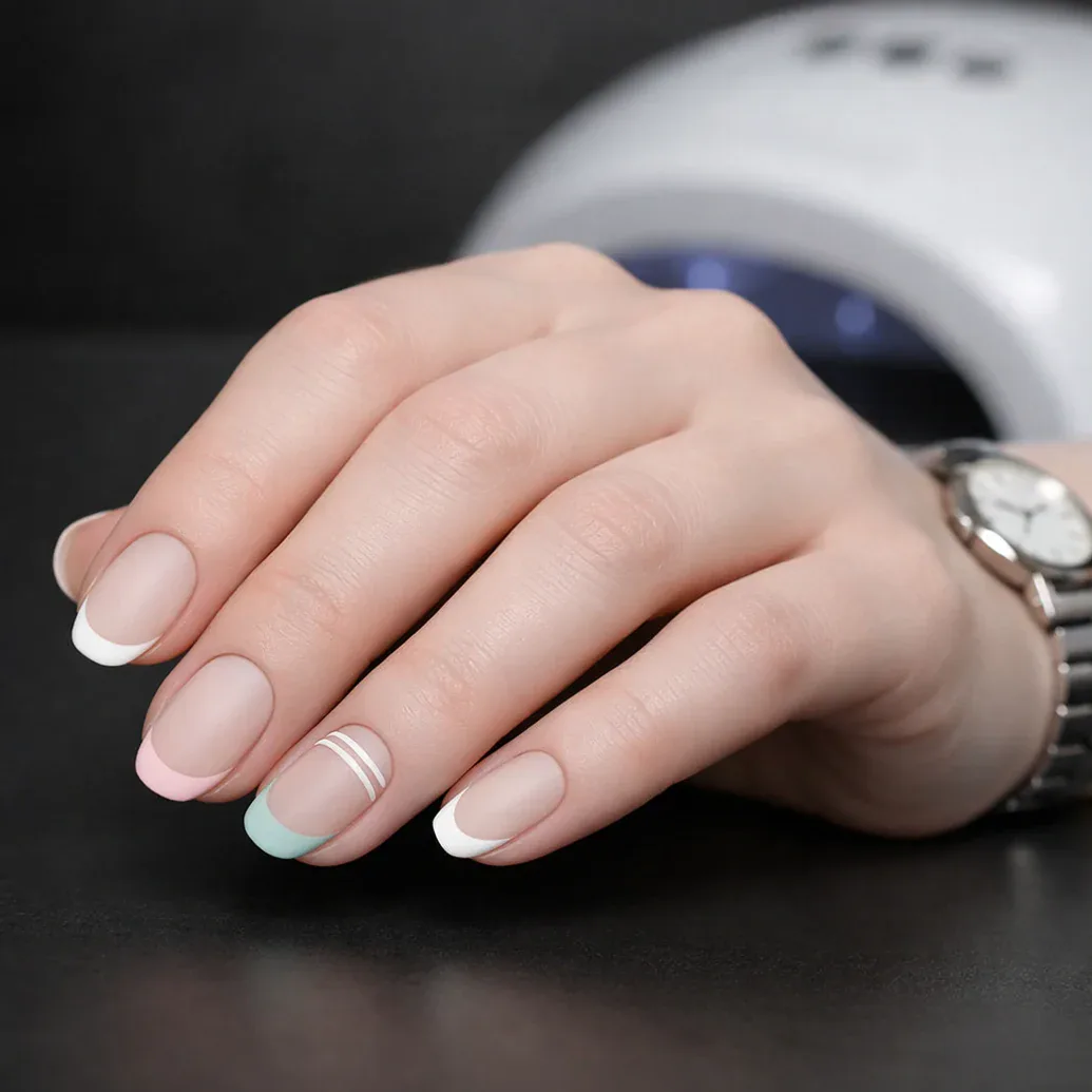 Uñas francesas redondeadas con detalle verde menta
