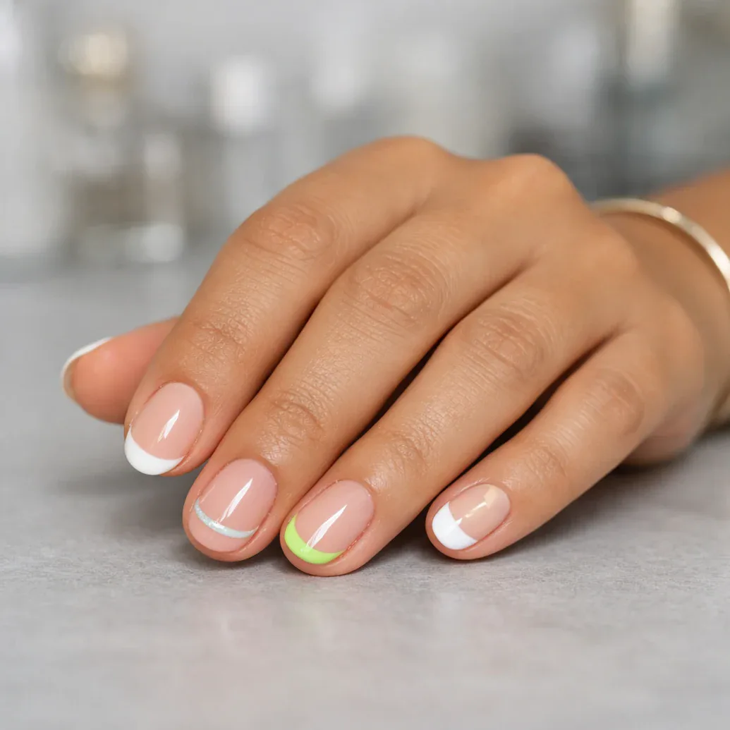 Uñas francesas cortas con detalles verde lima y rosa