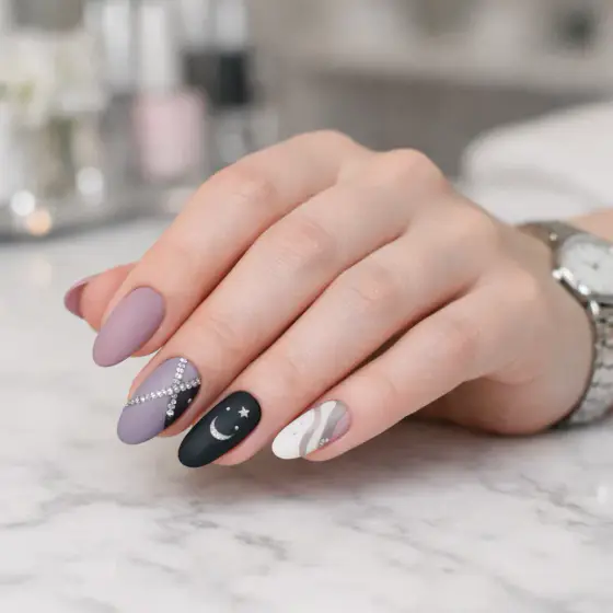 Uñas largas negras con acento brillante