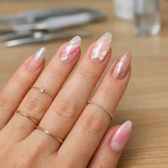Uñas largas nude con glitter