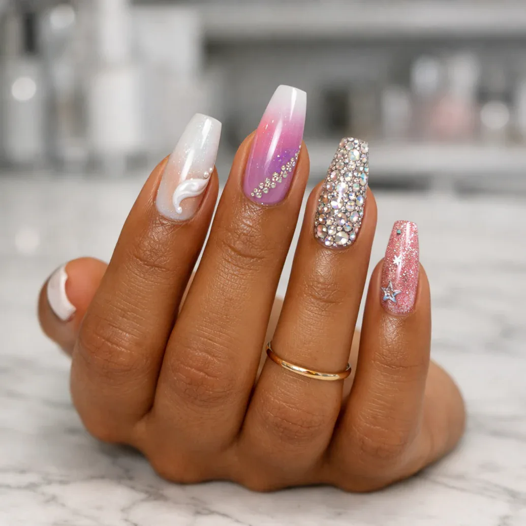 Uñas largas nude brillante