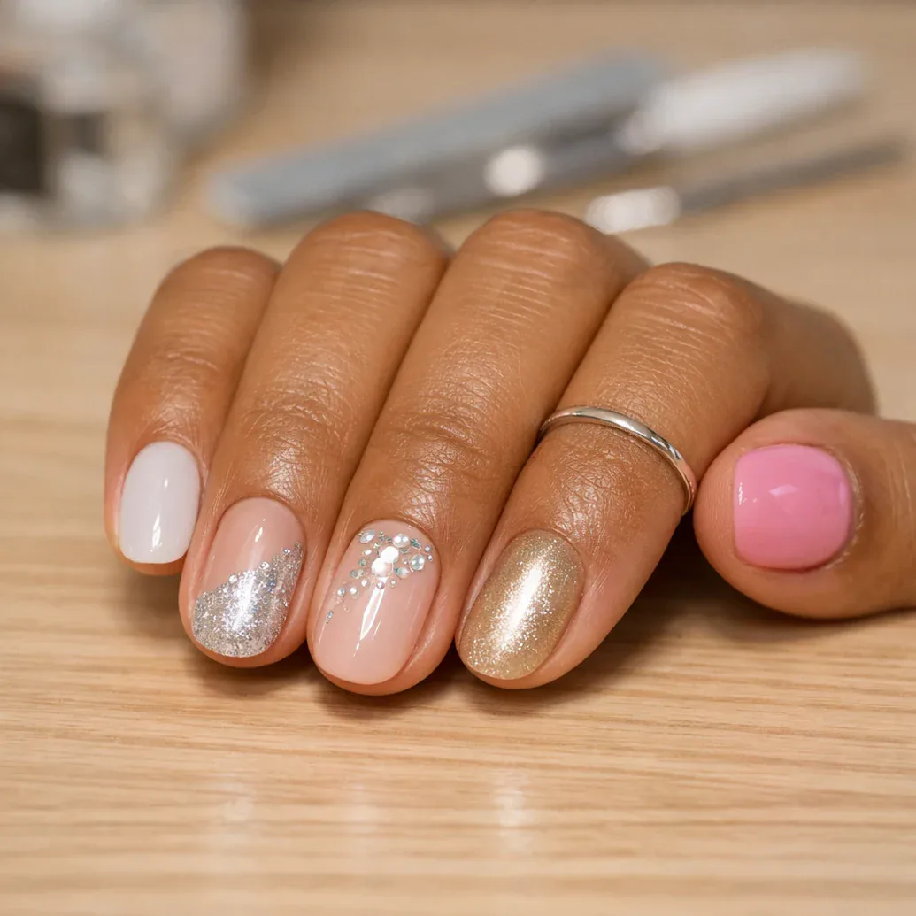 Uñas largas nude con brillo