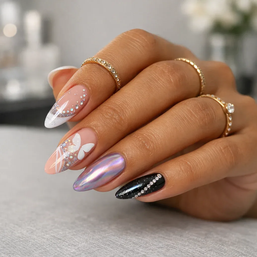 Uñas largas rosa con detalles