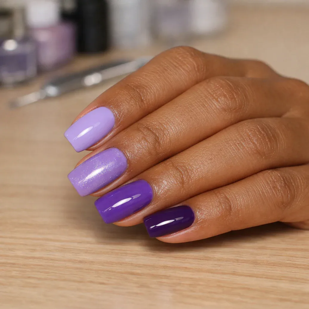 Uñas lavanda con brillo