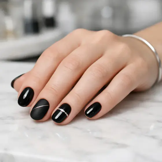 Uñas negras con líneas doradas