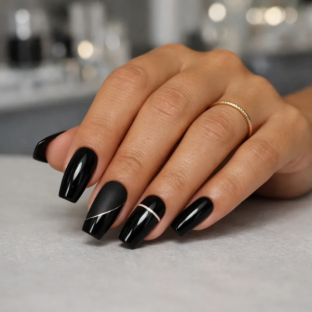 Uñas negras con contraste blanco