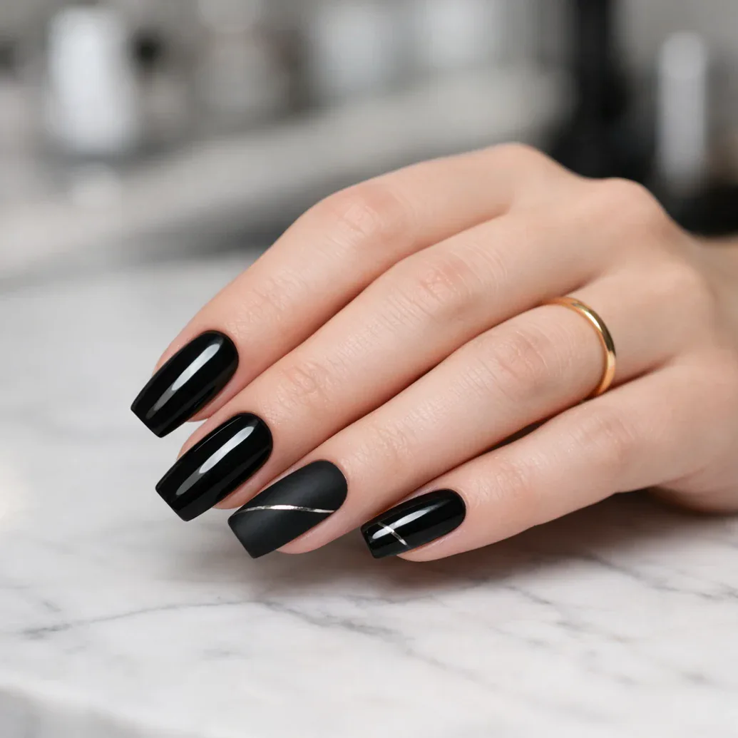 Uñas negras con detalle geométrico