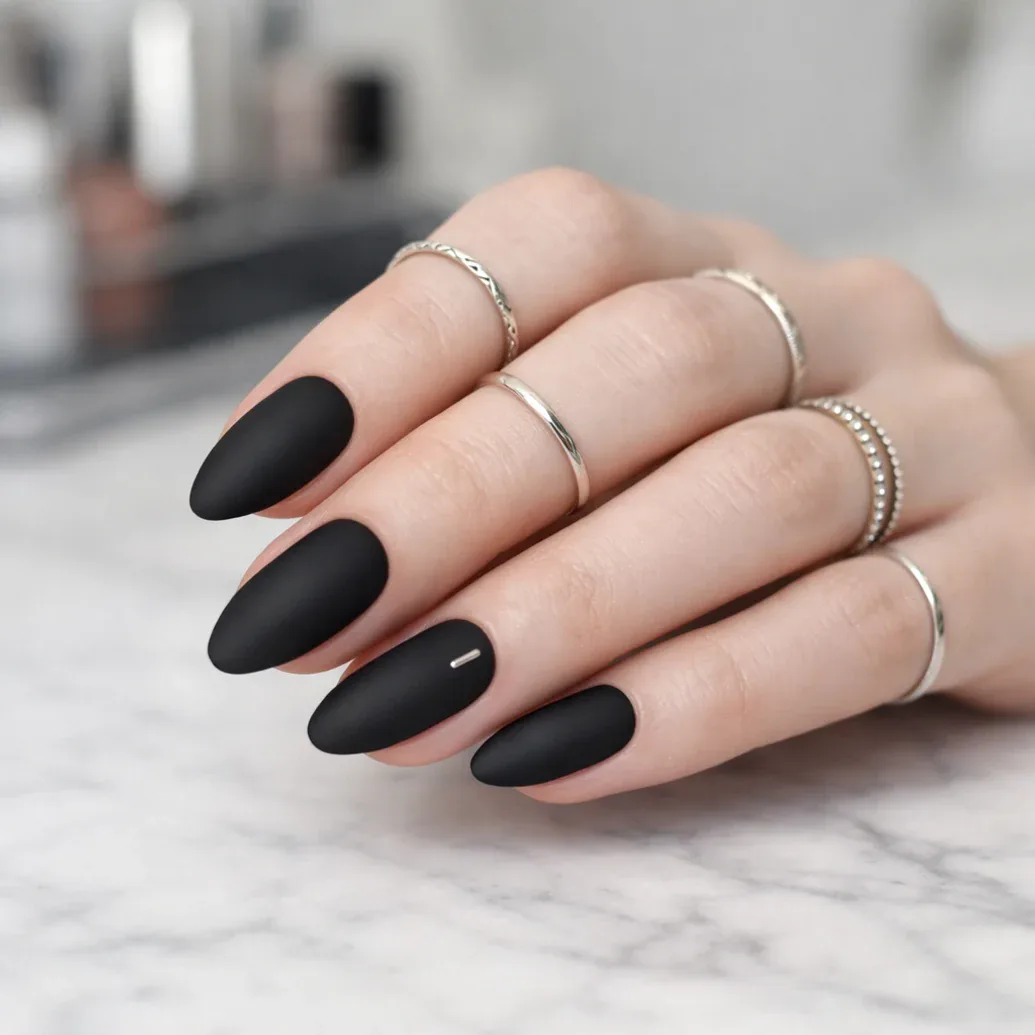 Uñas negras mate con línea plateada