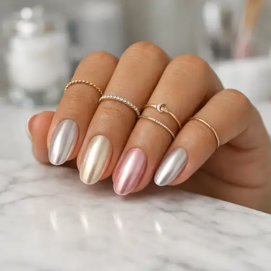Uñas metalizadas perladas en tonos nude