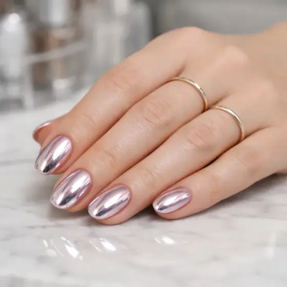 Uñas cortas rosa cromado con acabado espejo