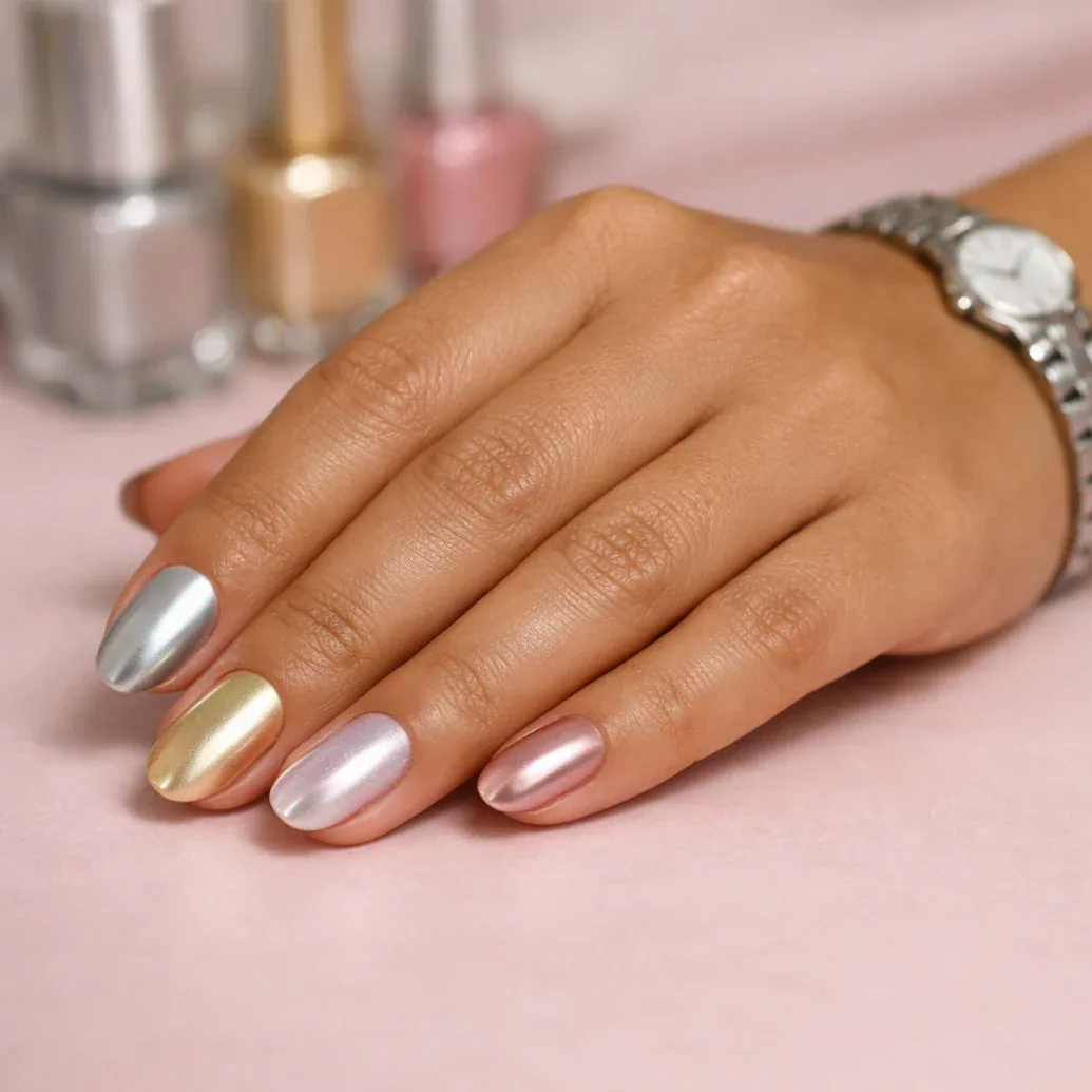 Uñas cromadas en tonos pastel metálicos