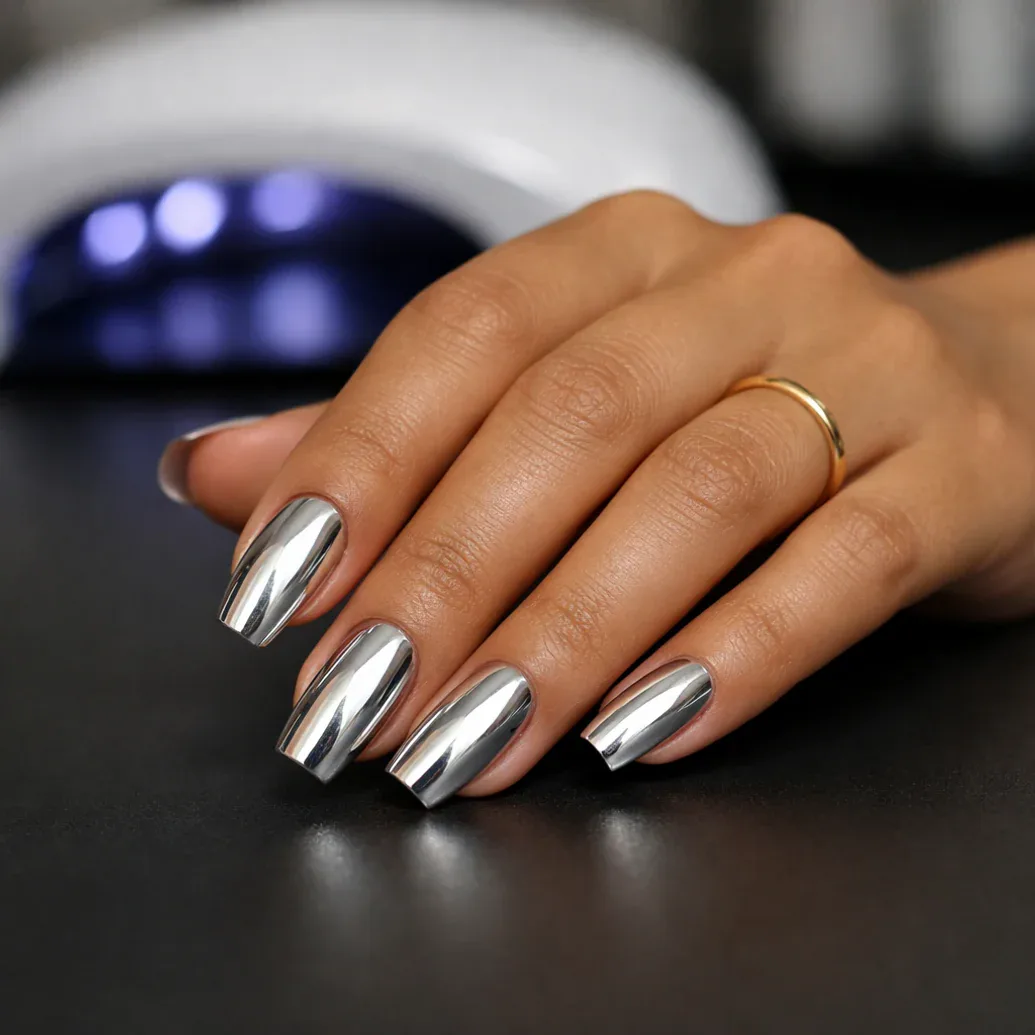 Uñas cromadas plateadas cortas de acabado profesional