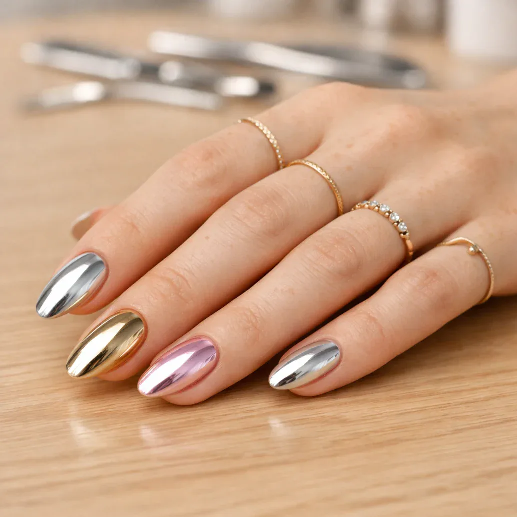 Uñas cromadas plateadas con reflejos dorados y rosas