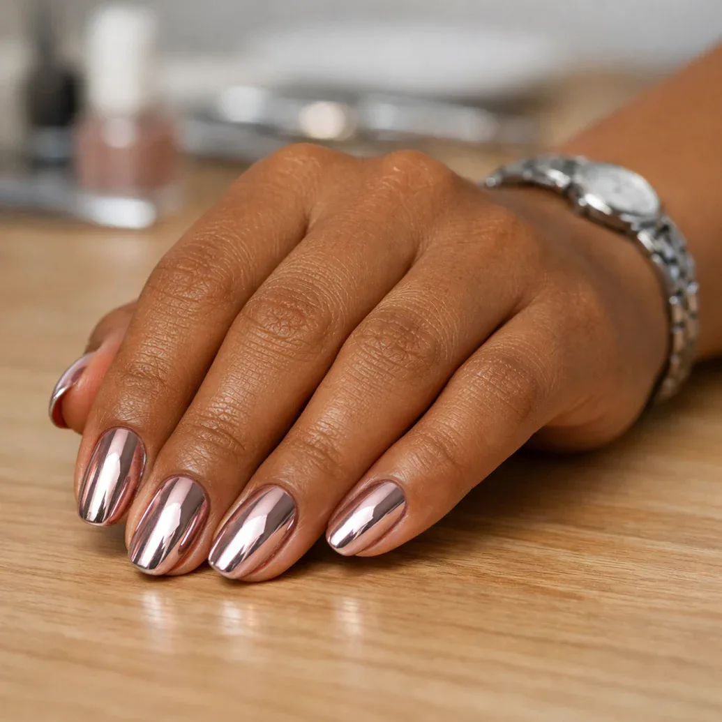 Uñas cromadas rosa champán almendradas