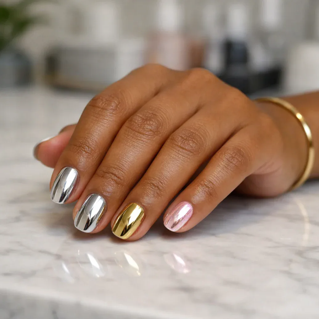 Uñas espejo combinadas en plata, oro y rosa