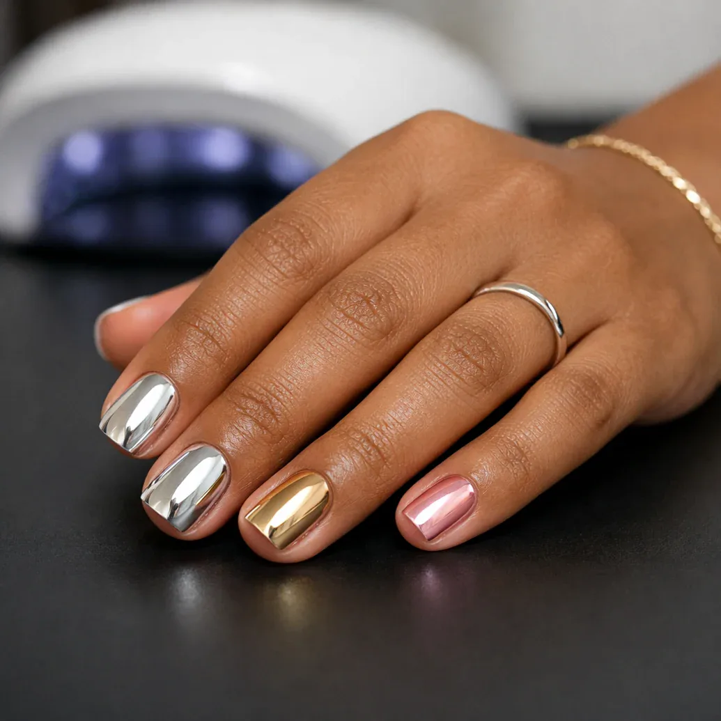 Uñas espejo en tonos plata, oro y rosa