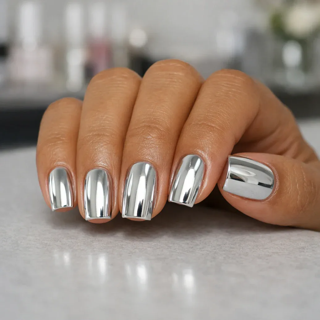 Uñas cuadradas con acabado espejo plateado