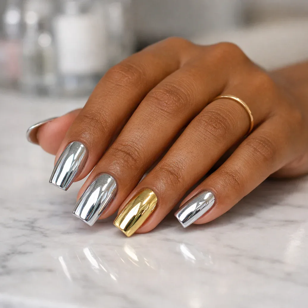 Uñas espejo plateadas y doradas sobre piel morena