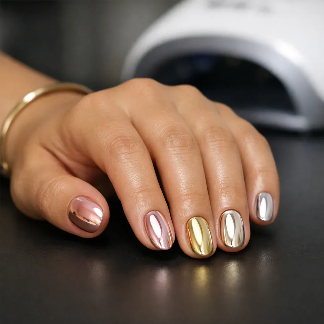 Uñas metalizadas cortas en rosa, plata y dorado