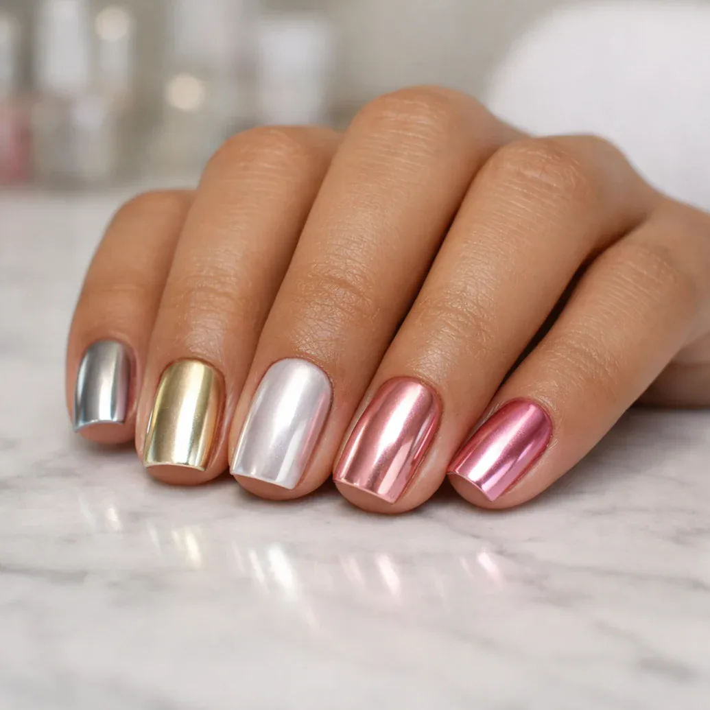 Uñas cromadas en rosa, plata y dorado