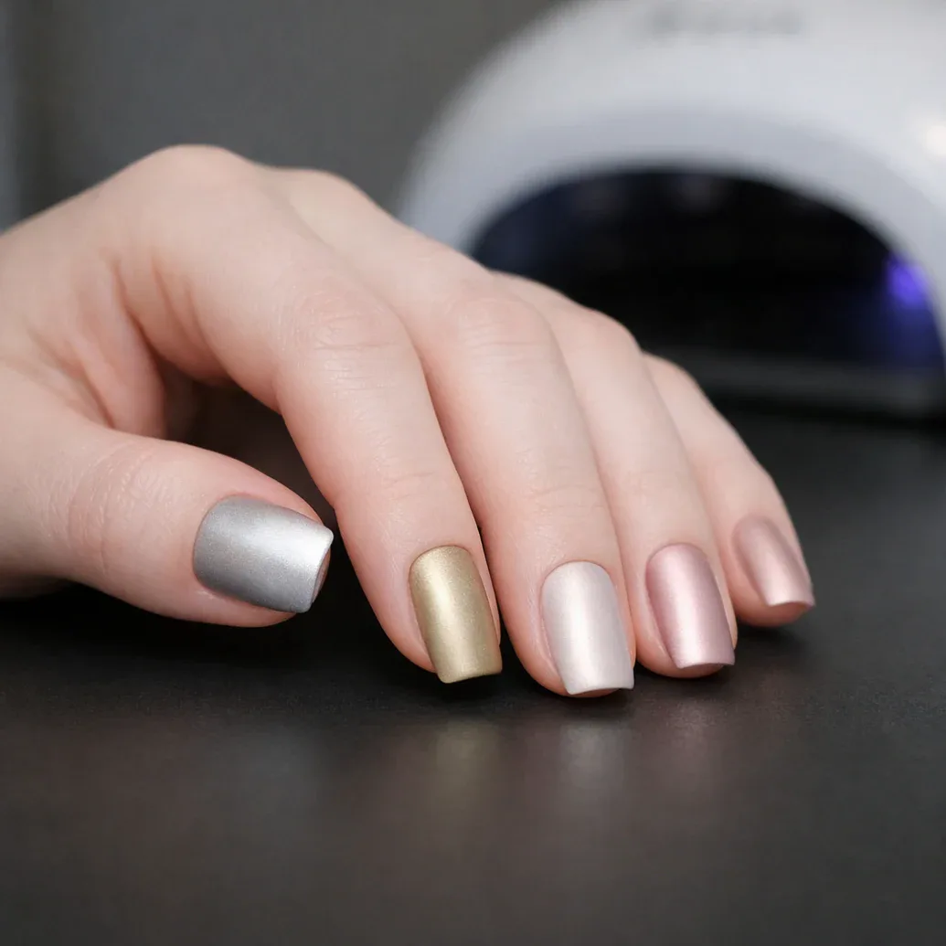 Uñas metalizadas en plata, dorado claro y rosa