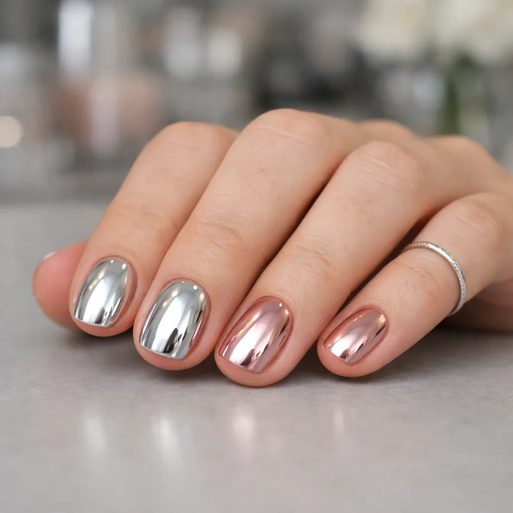 Uñas plateadas con detalles rosa espejo