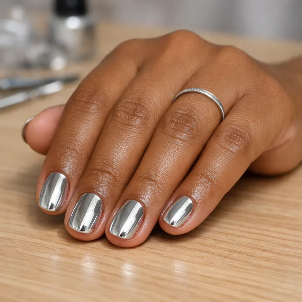 Uñas plateadas cromadas sobre piel morena