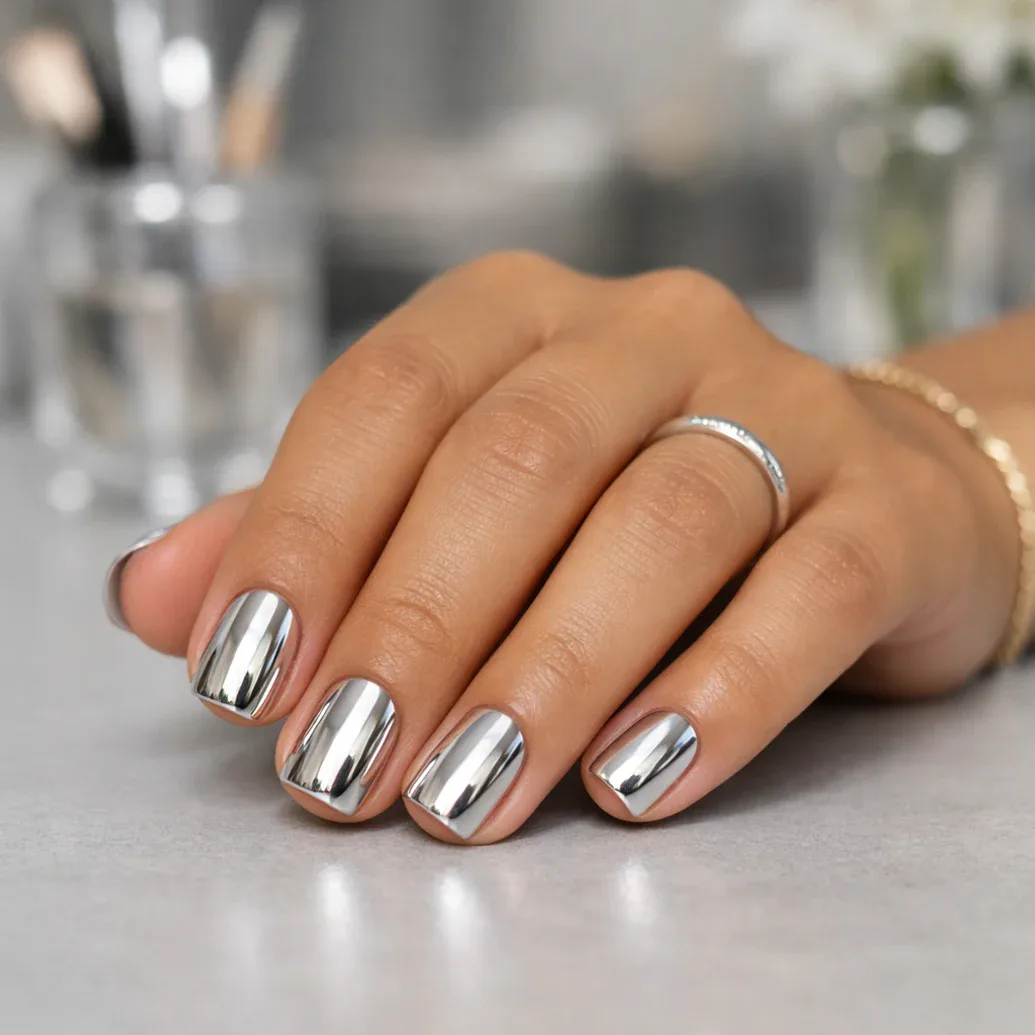 Uñas cortas redondeadas con efecto cromado plateado