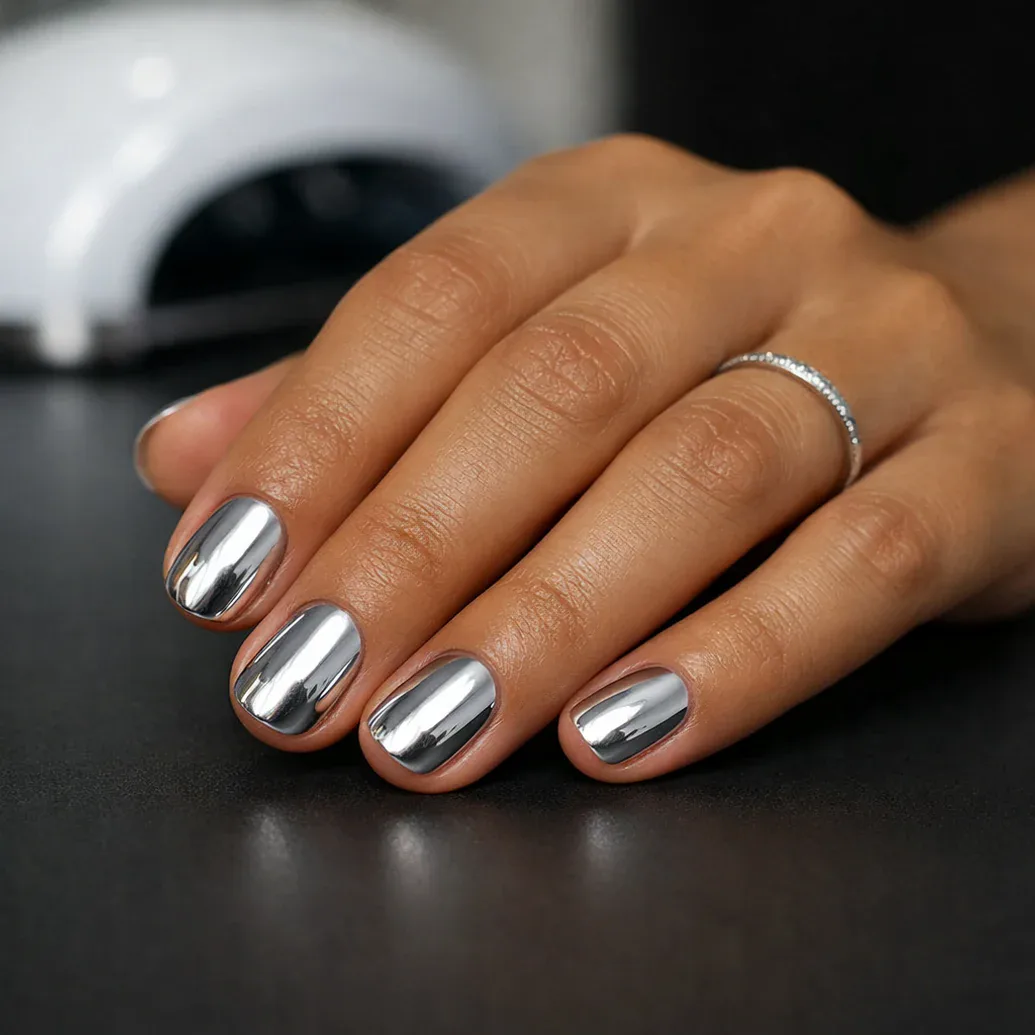 Uñas cortas plateadas con efecto espejo intenso
