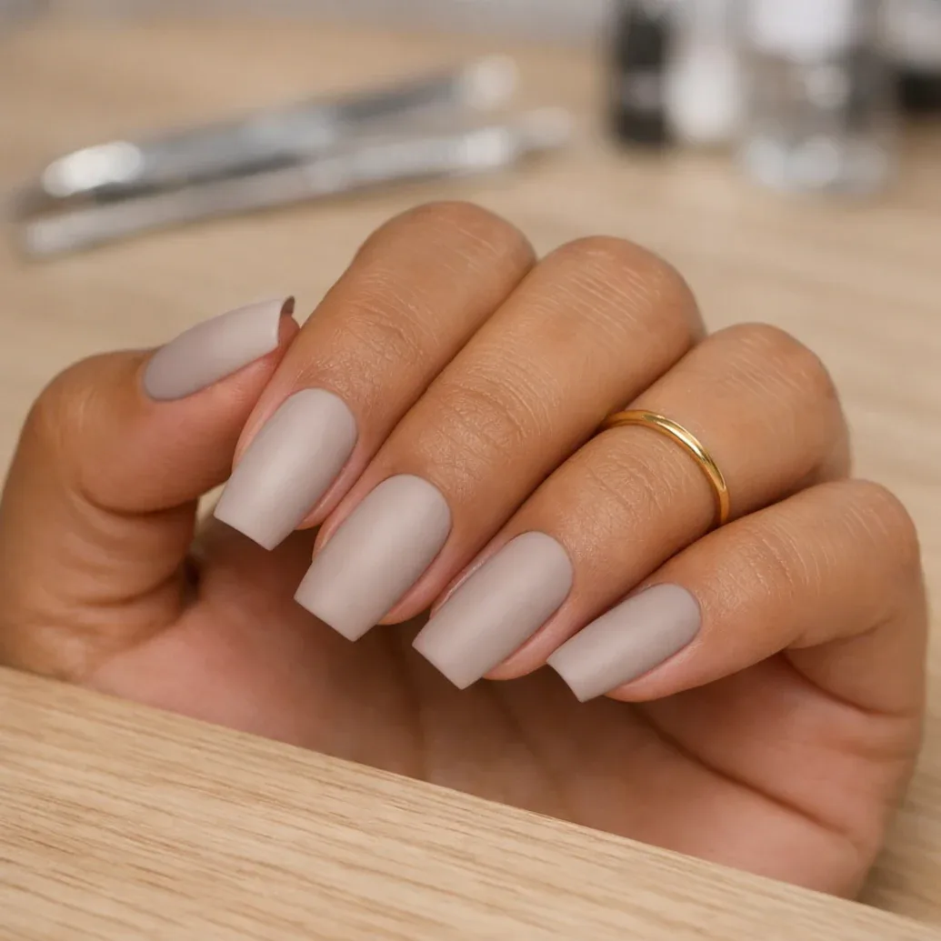 Uñas cuadradas plateadas con acabado mate