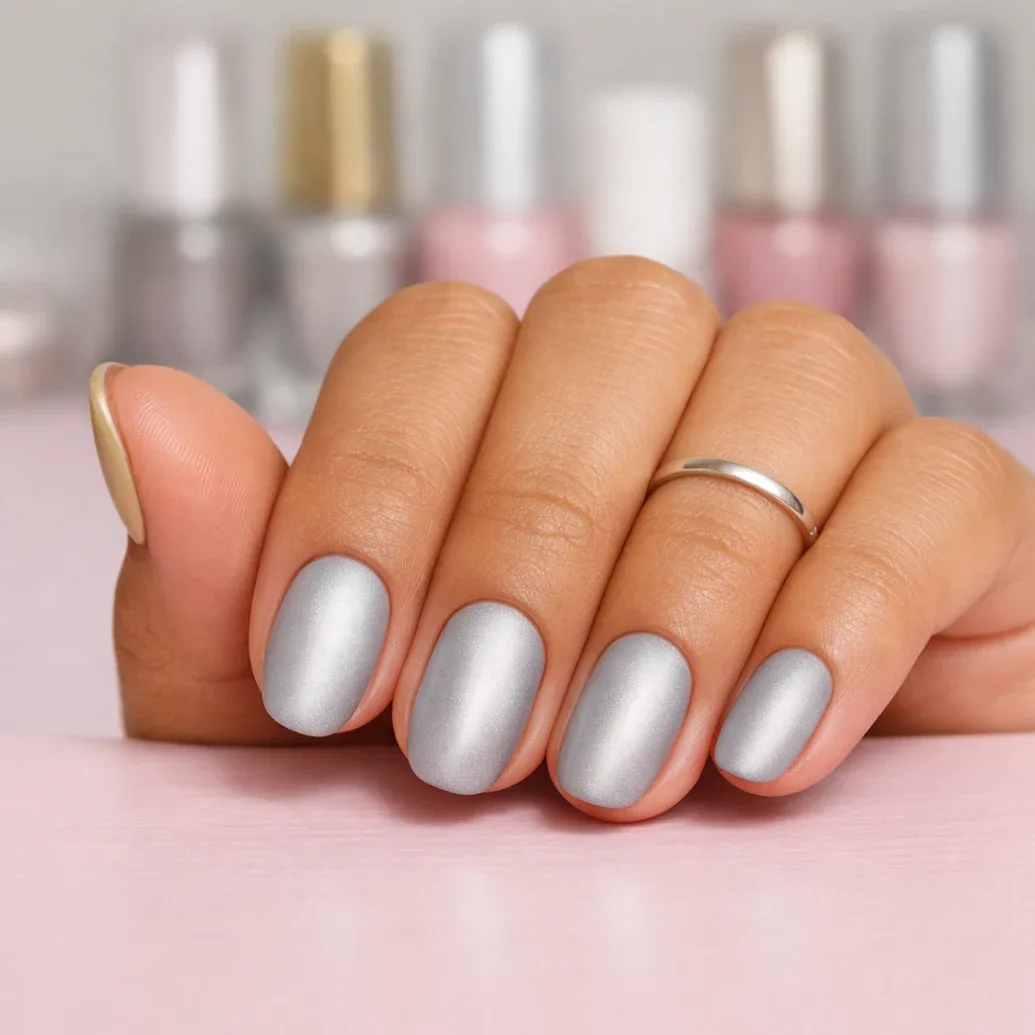 Uñas cortas plateadas con acabado perlado