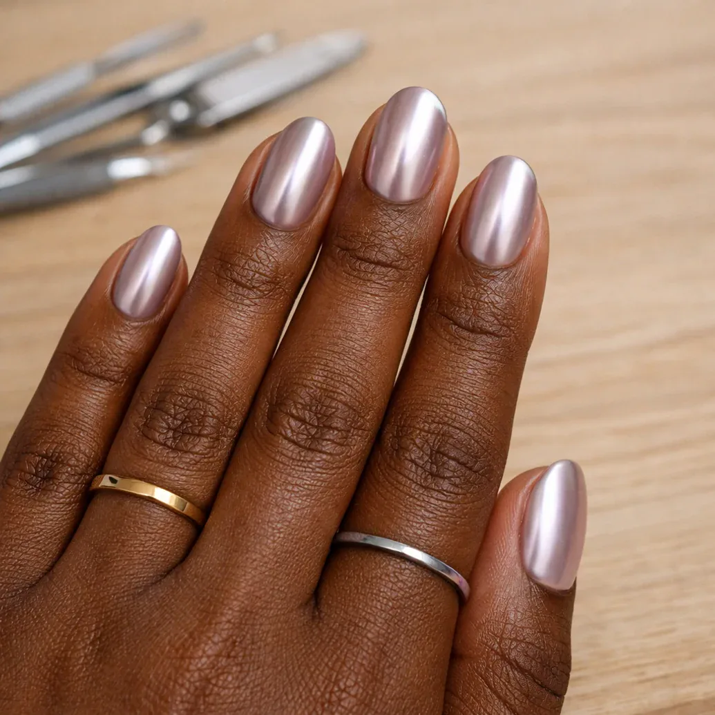Uñas rosa metálico con acabado espejo