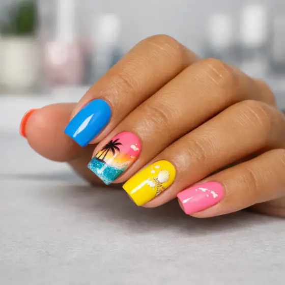 Uñas azul intenso con palmera y atardecer tropical