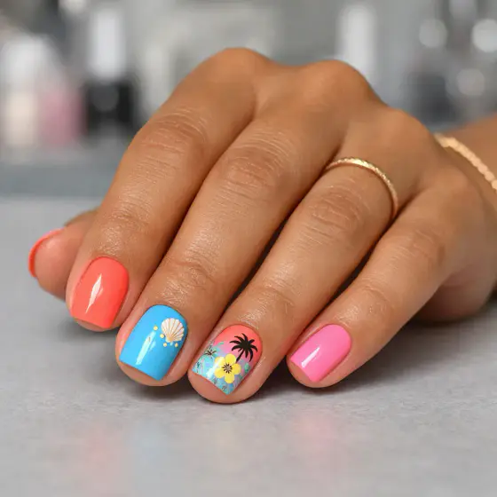 Uñas coral con concha marina, palmera y flor tropical