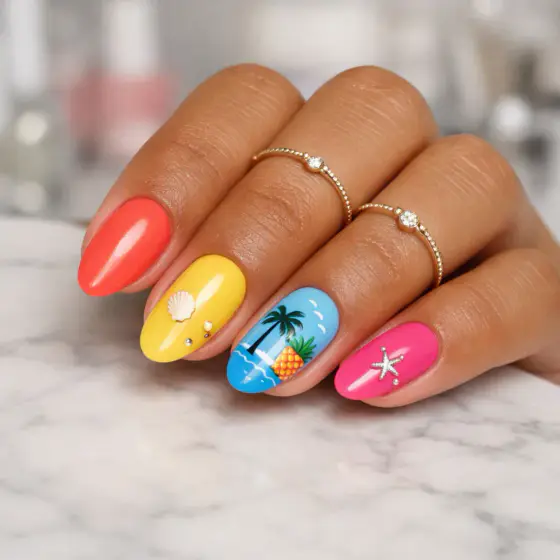 Uñas coral con palmera, estrella de mar y reflejo marino
