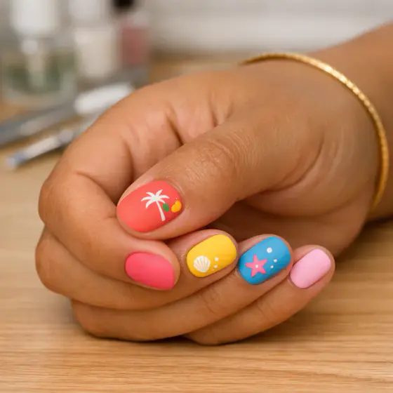 Uñas coral con sol amarillo, flor rosa y estrella de mar azul
