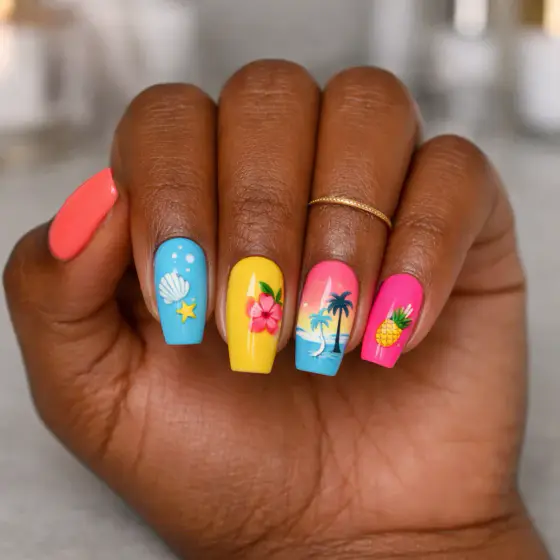 Uñas cuadradas tropicales con coco, flamenco, flores y palmera