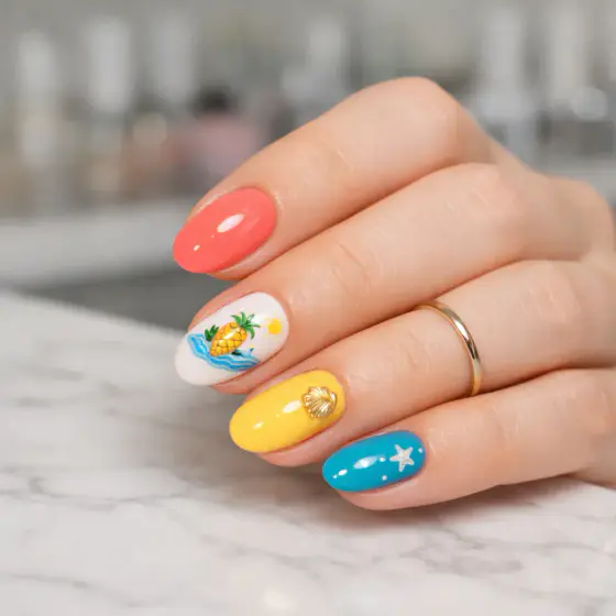 Uñas pastel con margaritas y motivos marinos