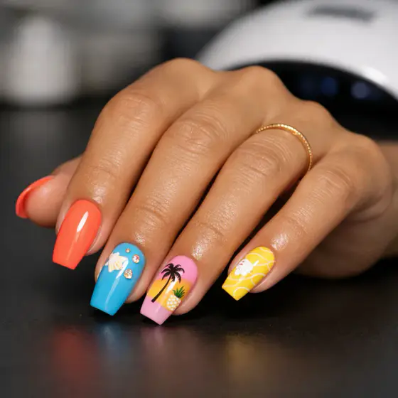 Uñas cuadradas de playa con nubes, palmera y margaritas
