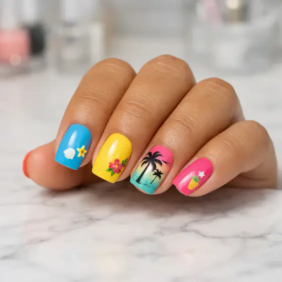 Uñas tropicales cortas con coco, palmera y flor rosa