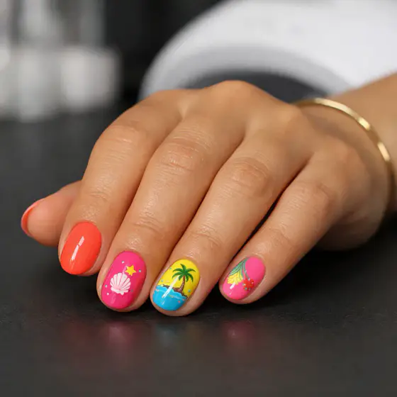 Uñas tropicales coral con palmera y flores de colores