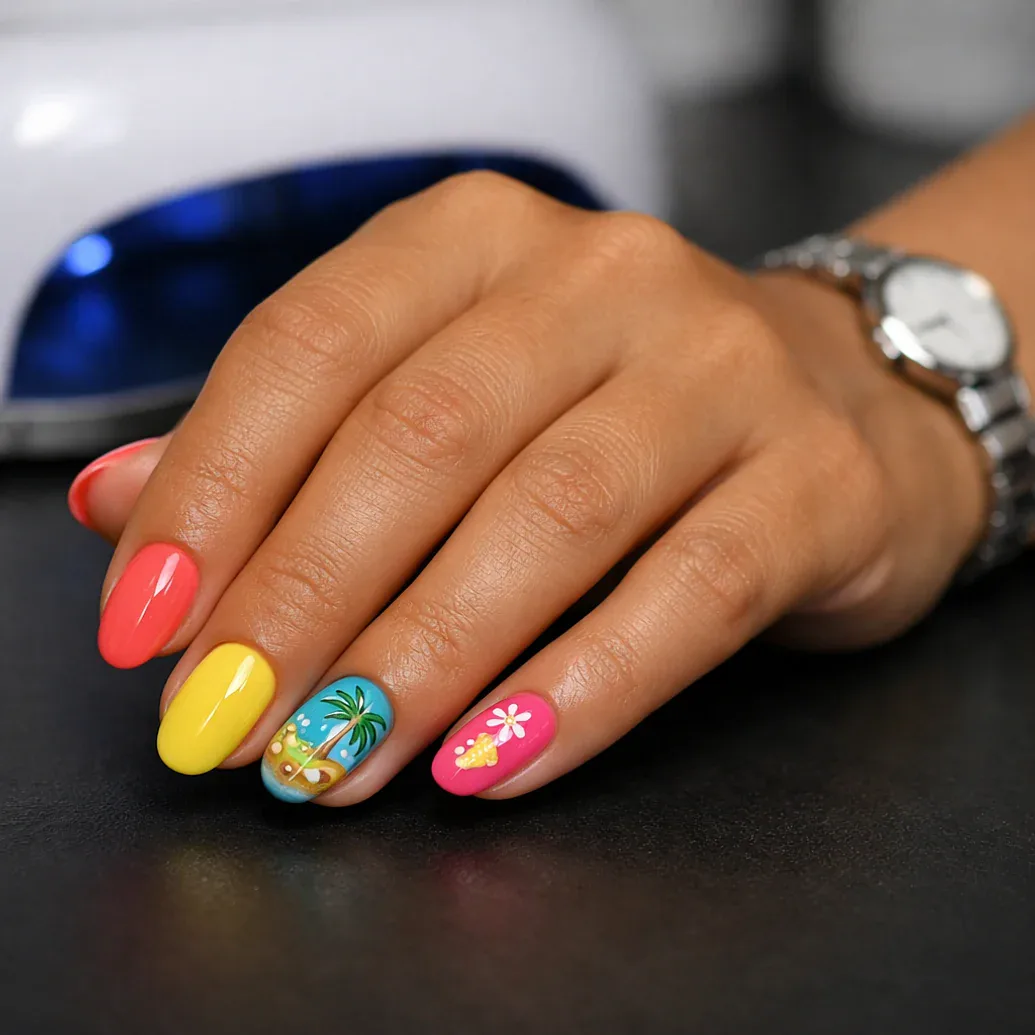 Uñas coral con flor blanca, playa y palmera