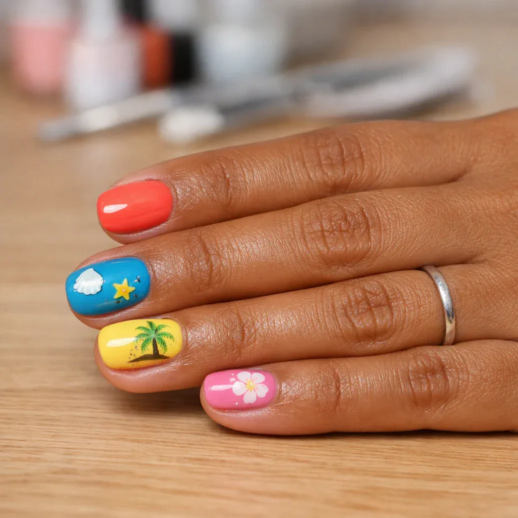 Uñas coral con luna azul, palmera y flor rosa