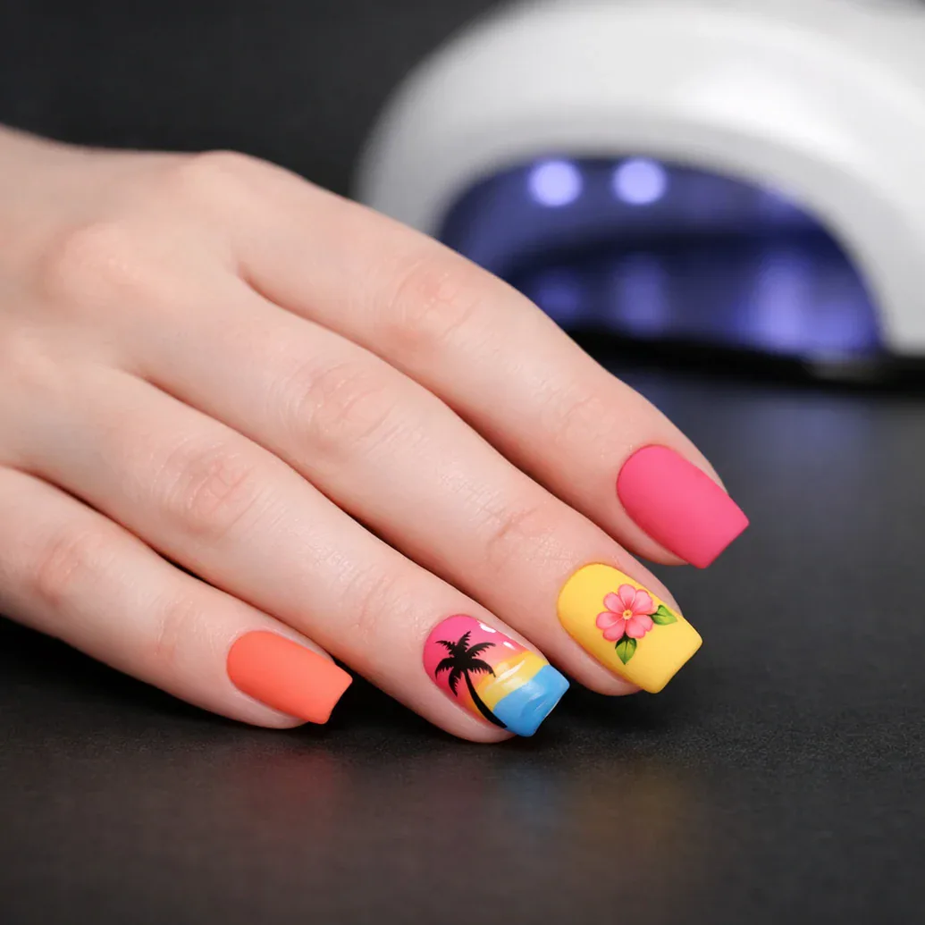 Uñas cortas coral con palmera, sol y flores