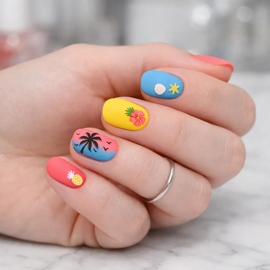 Uñas cortas coral, azules y amarillas con piña, palmera y estrella de mar