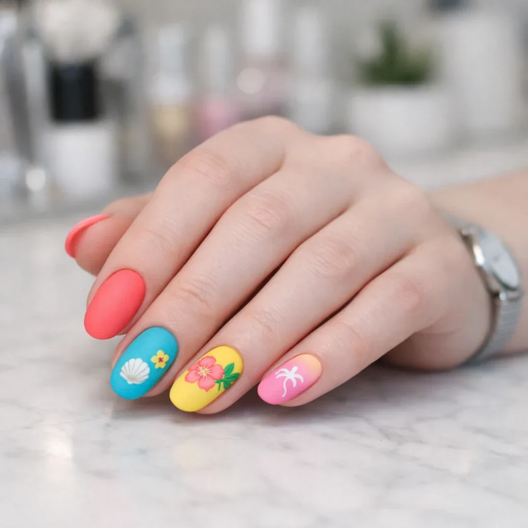 Uñas coral y turquesa con flores tropicales